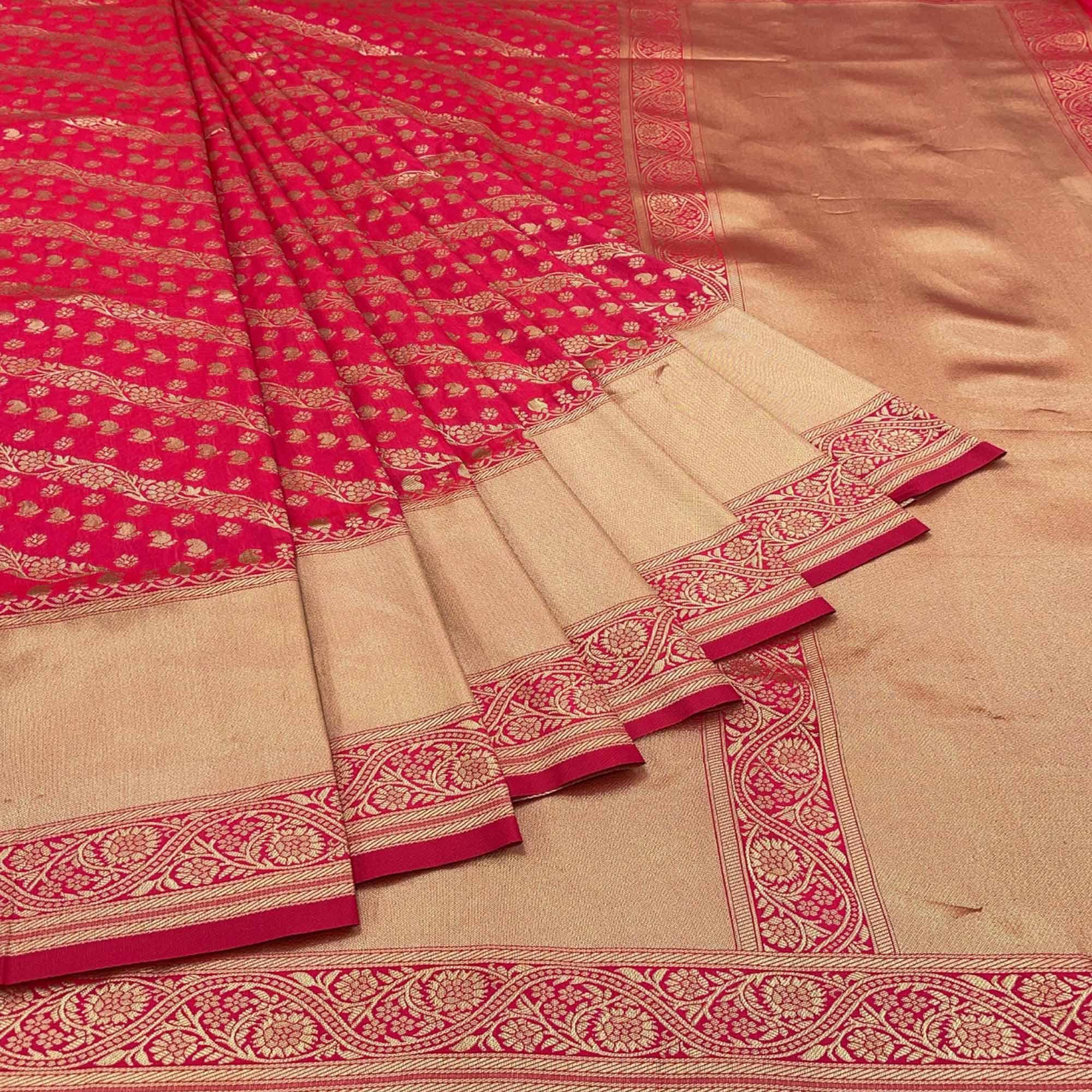 Pink Floral Zari Woven Art Silk Saree - Peachmode