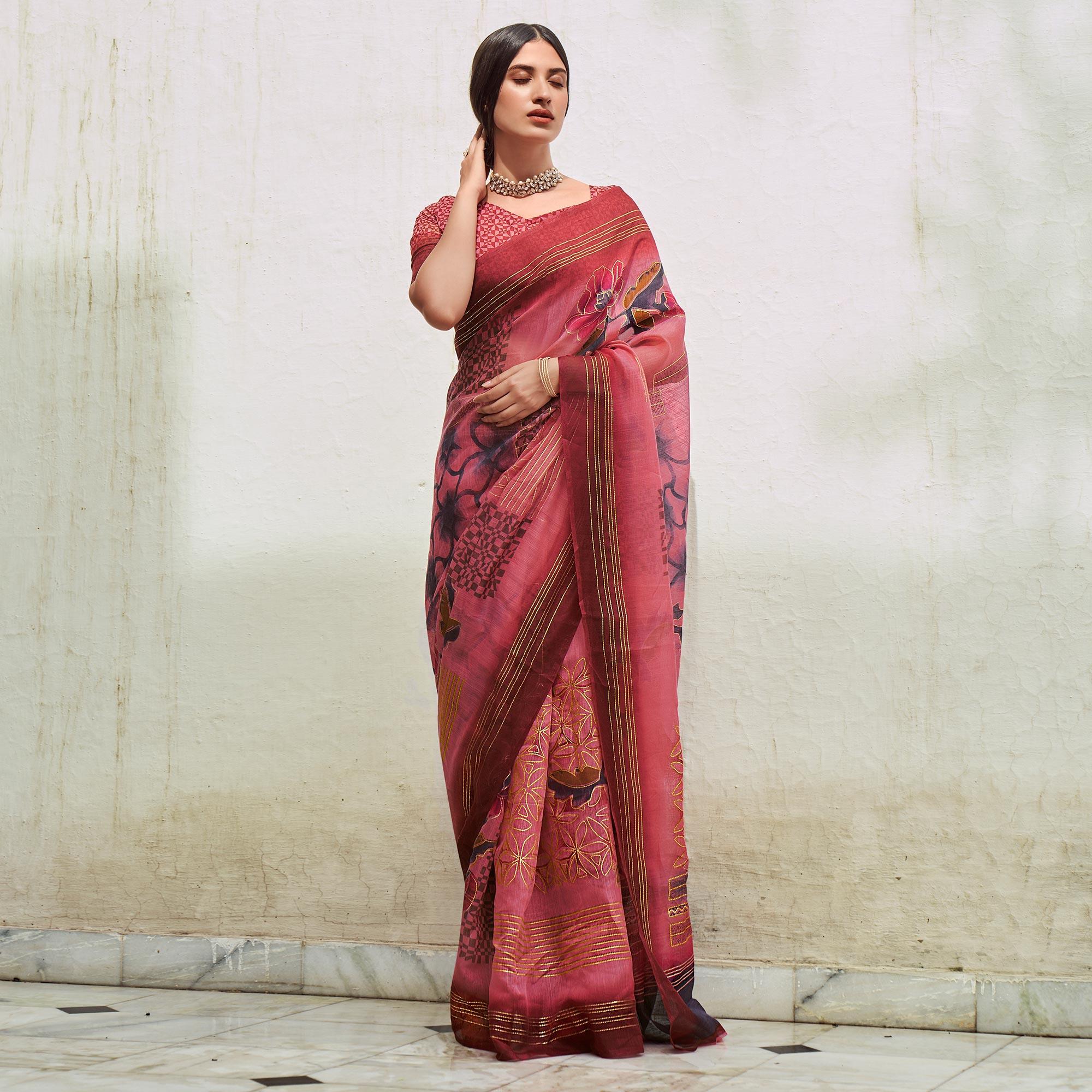 Pink Foil Digital Printed Poly Cotton Saree - Peachmode