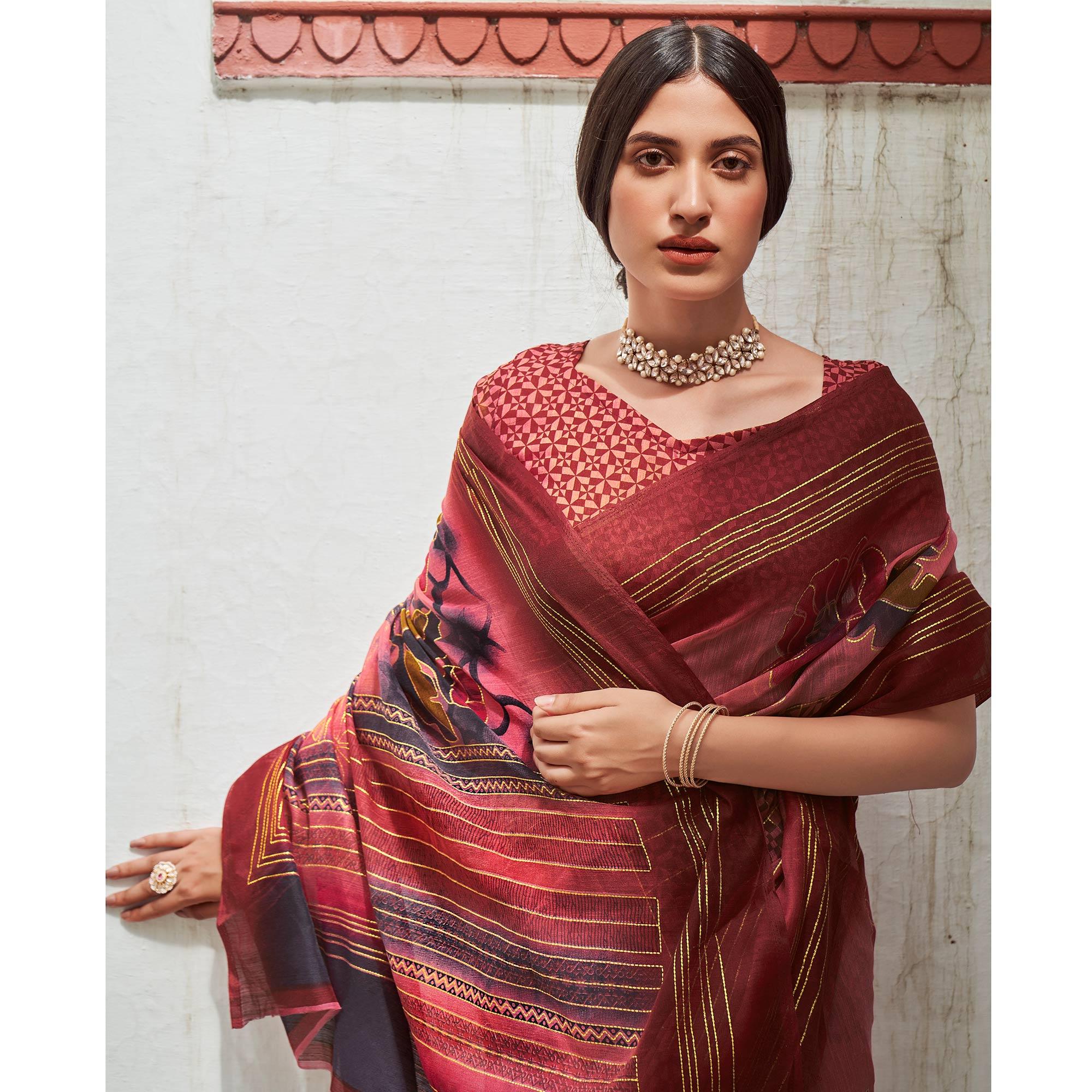 Pink Foil Digital Printed Poly Cotton Saree - Peachmode