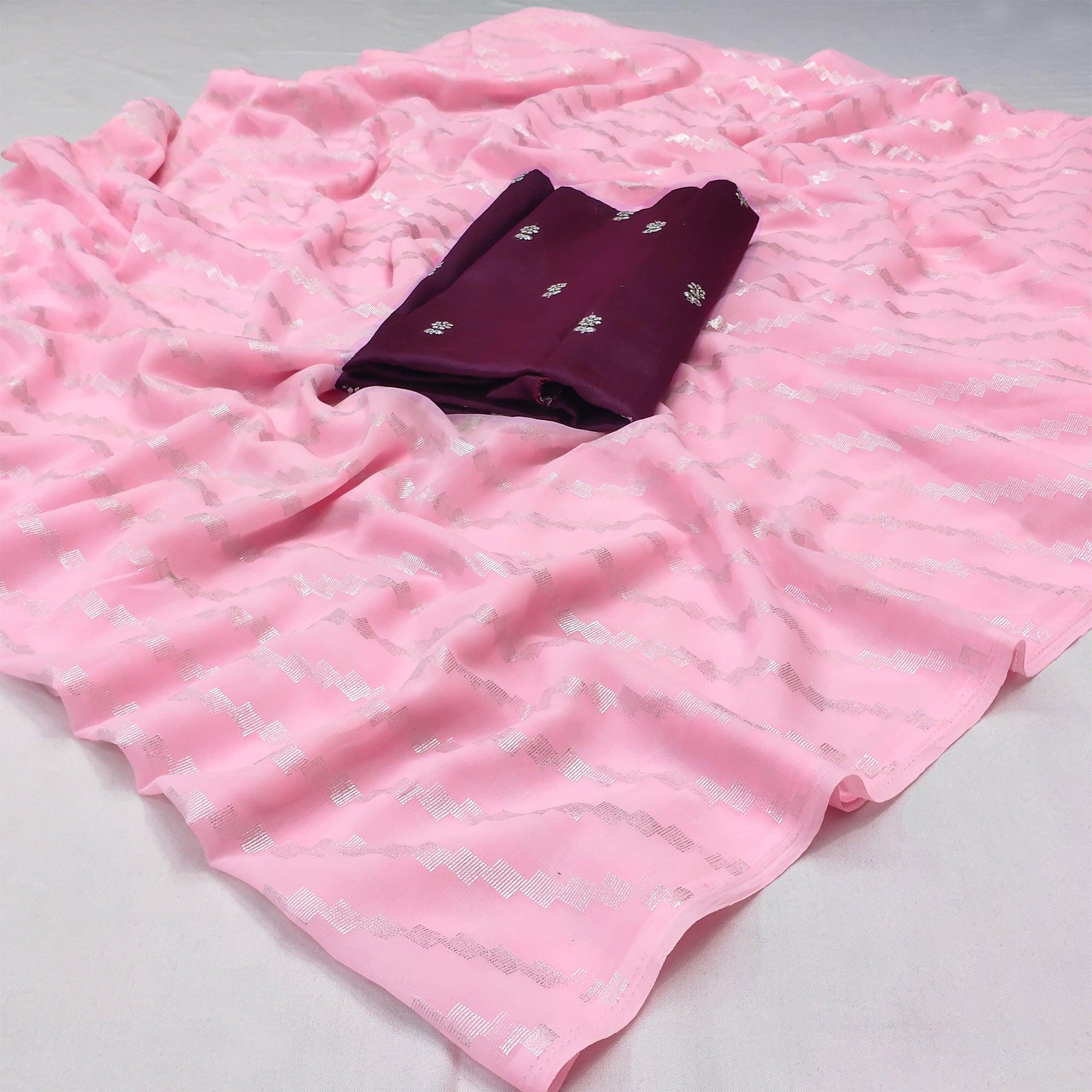 Pink Foil Printed Georgette Saree - Peachmode