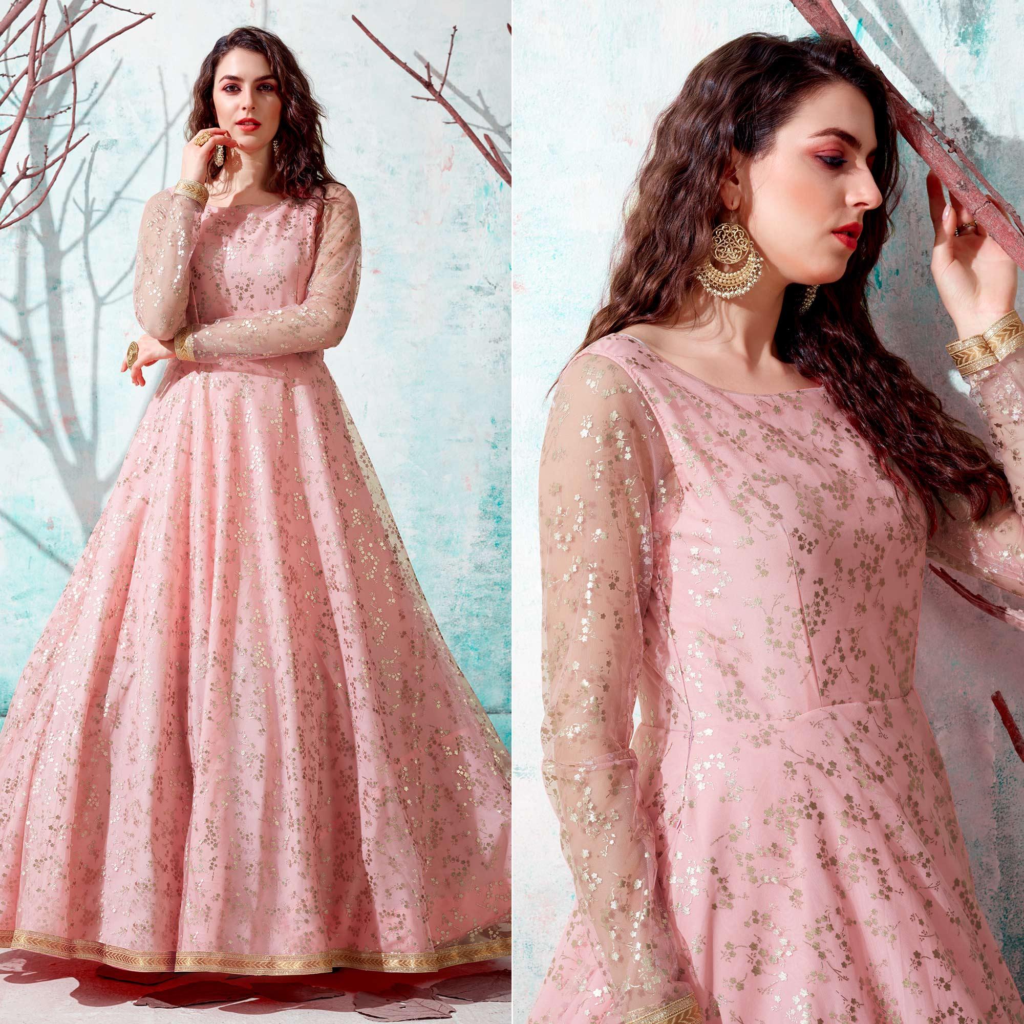 Pink Foil Printed Netted Gown - Peachmode