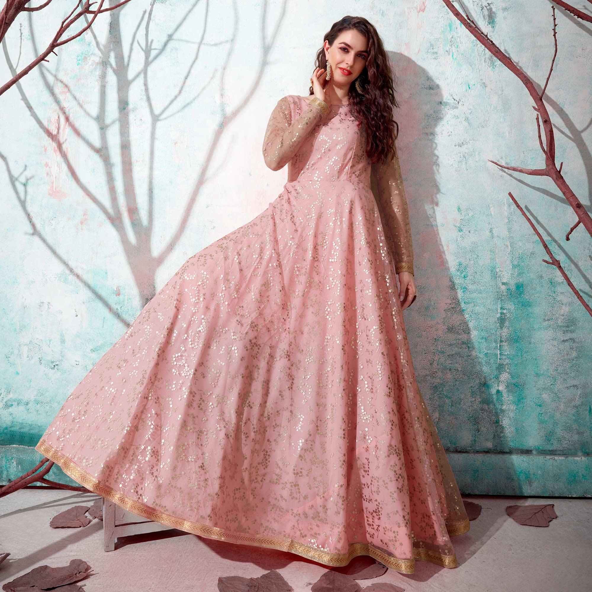 Pink Foil Printed Netted Gown - Peachmode