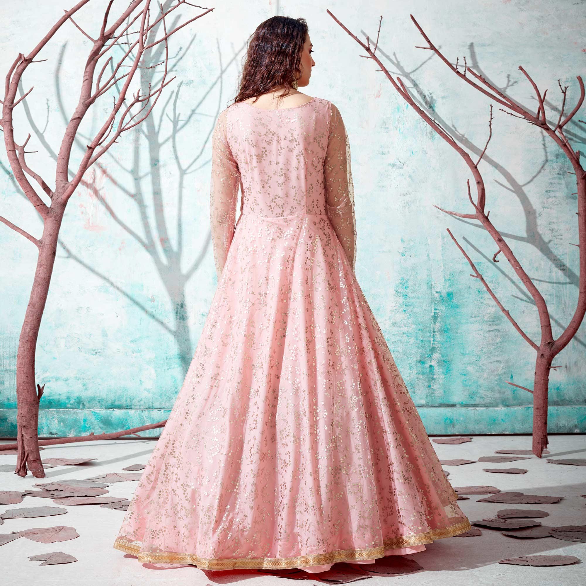 Pink Foil Printed Netted Gown - Peachmode