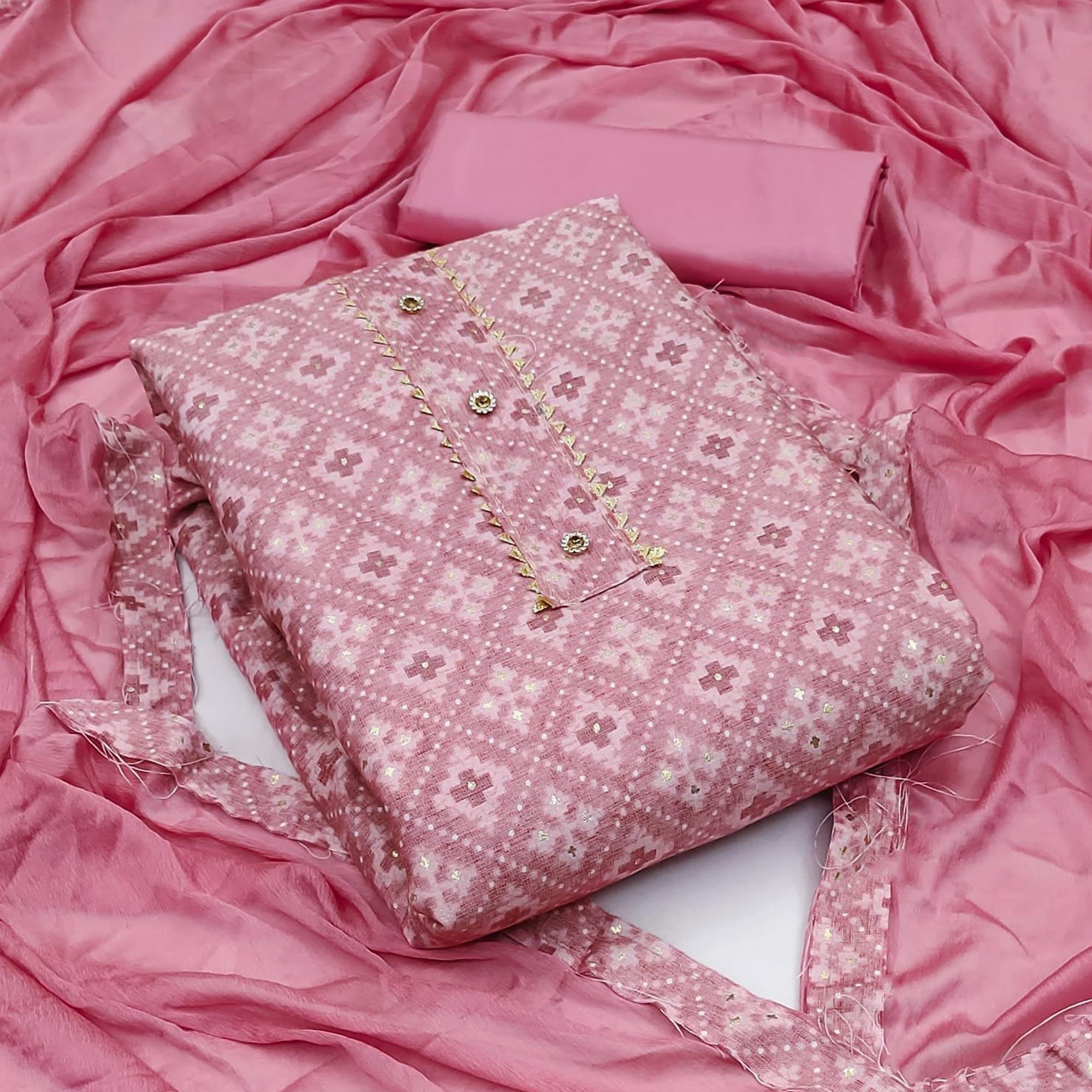 Pink Foil Printed Rayon Dress Material - Peachmode