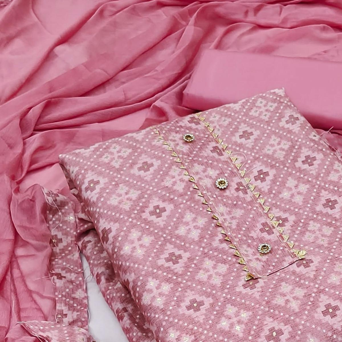 Pink Foil Printed Rayon Dress Material - Peachmode