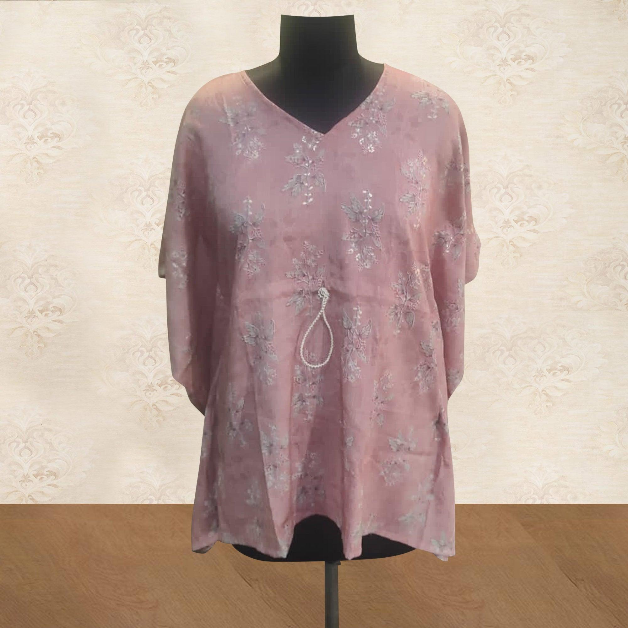 Pink Foil Printed Rayon Kaftan Style Top - Peachmode