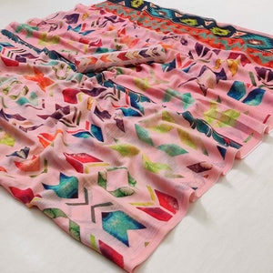 Pink Geometric Digital Printed Georgette Saree - Peachmode