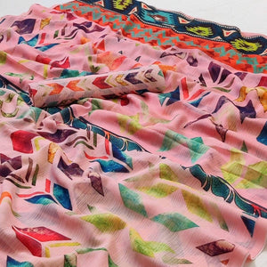 Pink Geometric Digital Printed Georgette Saree - Peachmode