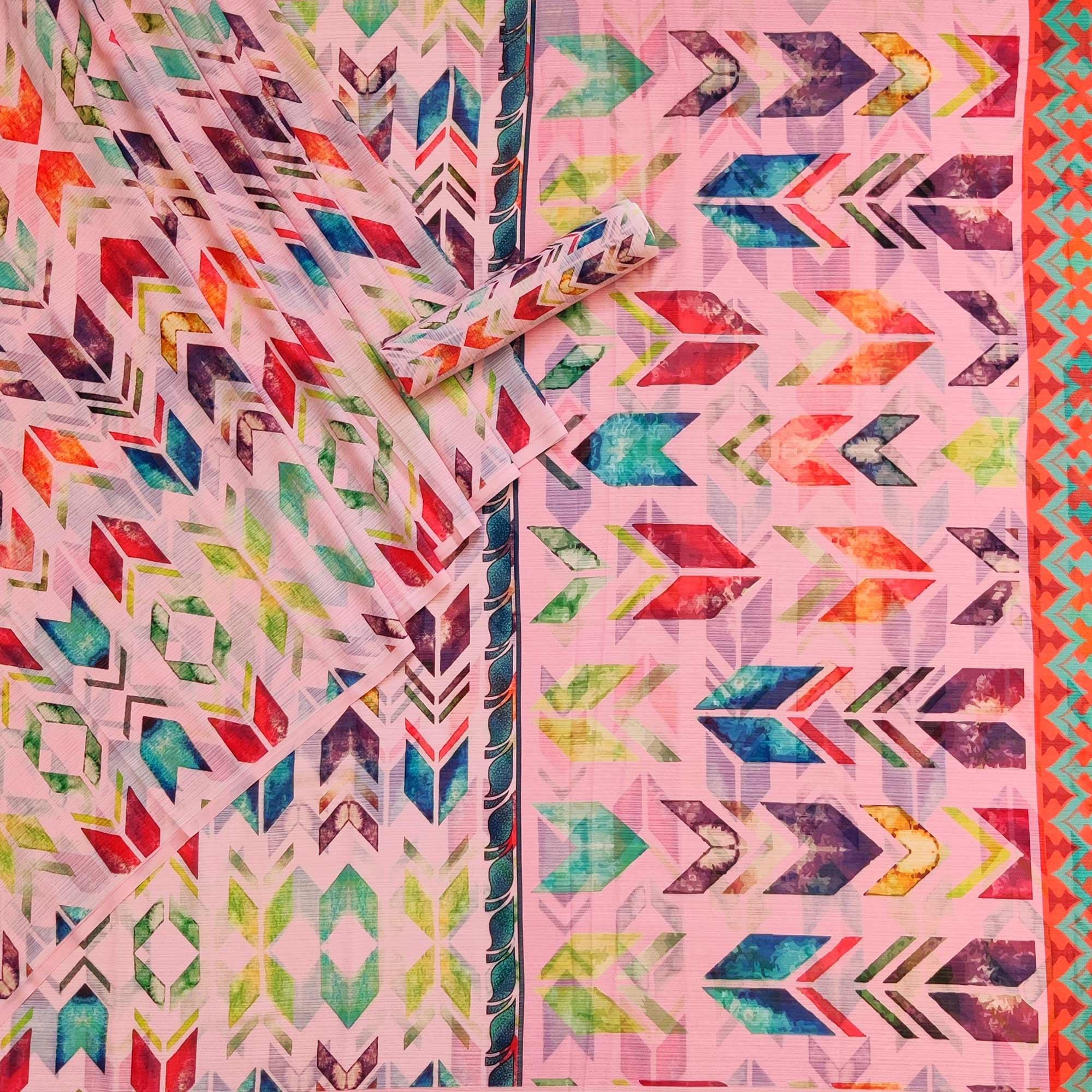 Pink Geometric Digital Printed Georgette Saree - Peachmode