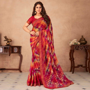 Pink Geometric Printed Chiffon Saree - Peachmode
