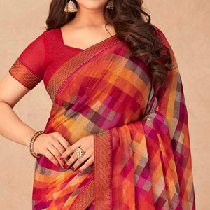 Pink Geometric Printed Chiffon Saree - Peachmode
