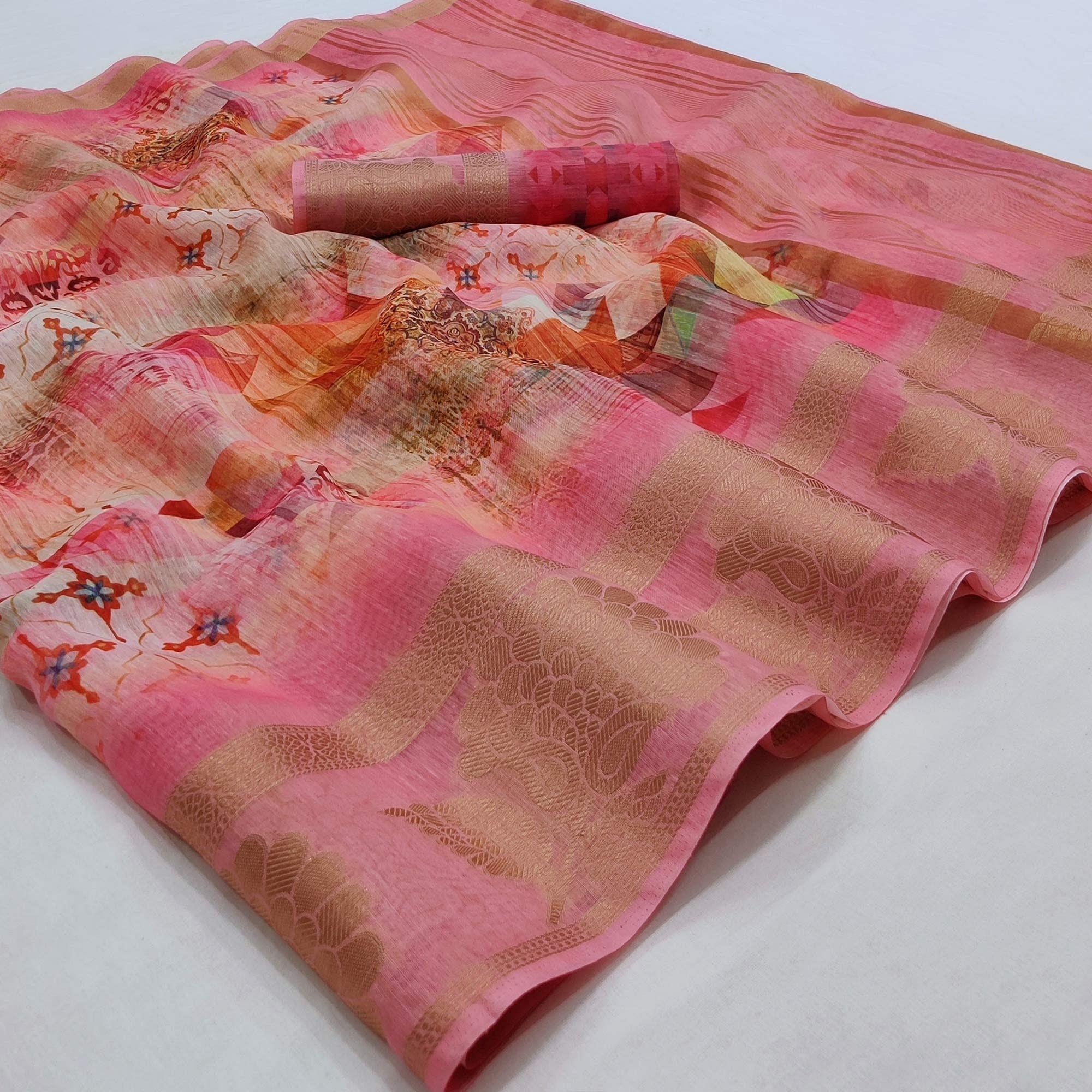 Pink Geometric Printed Linen Saree - Peachmode