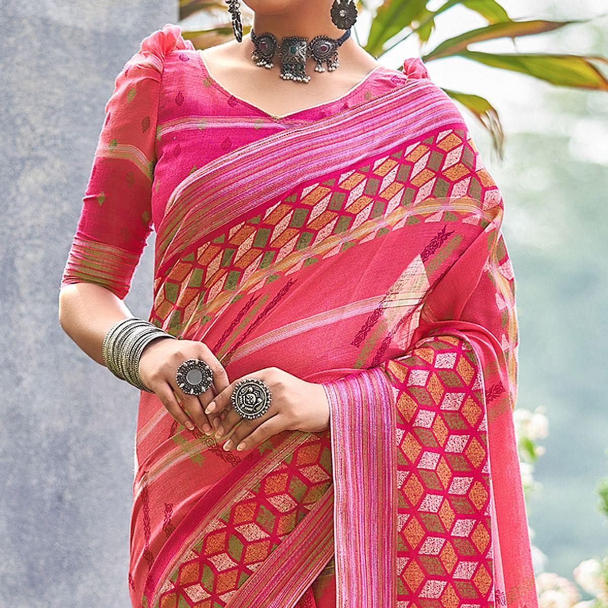 Pink Geometric Printed Linen Saree - Peachmode