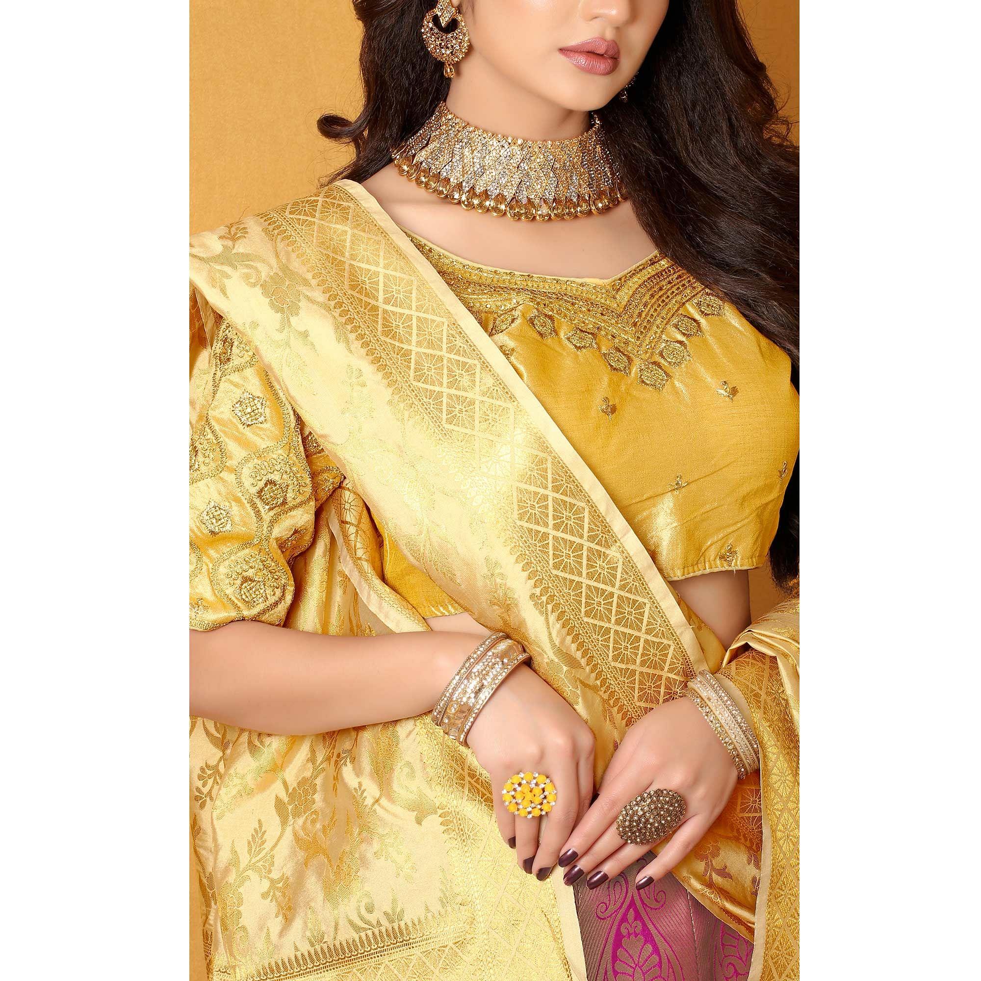 Pink-Gold Meenakari Woven Banarasi Silk Lehenga Choli - Peachmode
