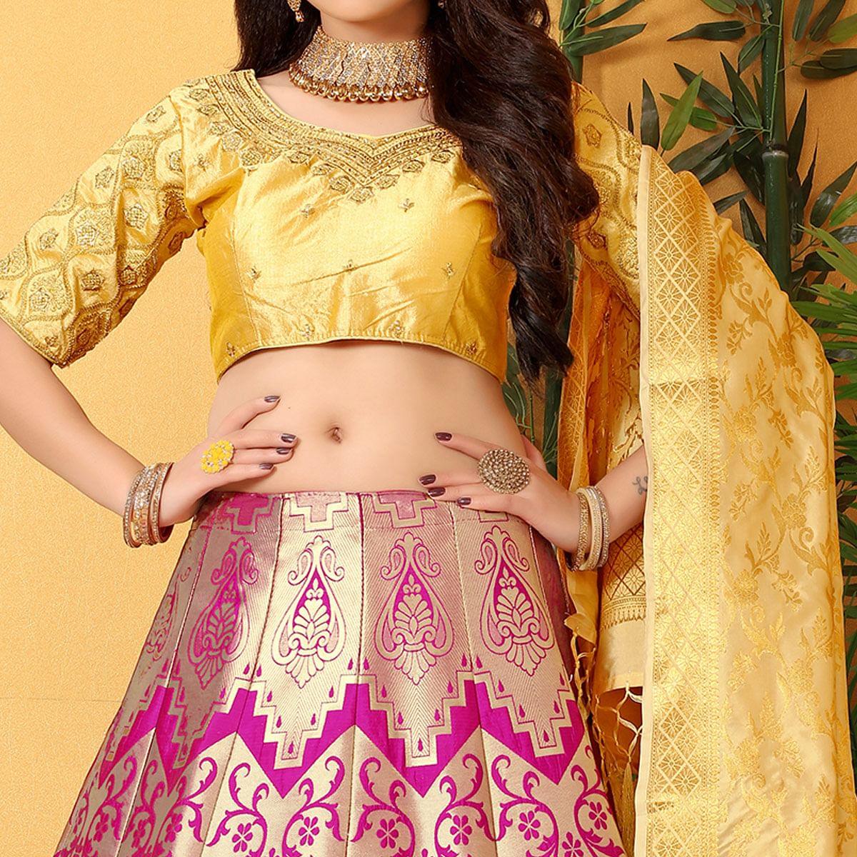 Pink-Gold Meenakari Woven Banarasi Silk Lehenga Choli - Peachmode
