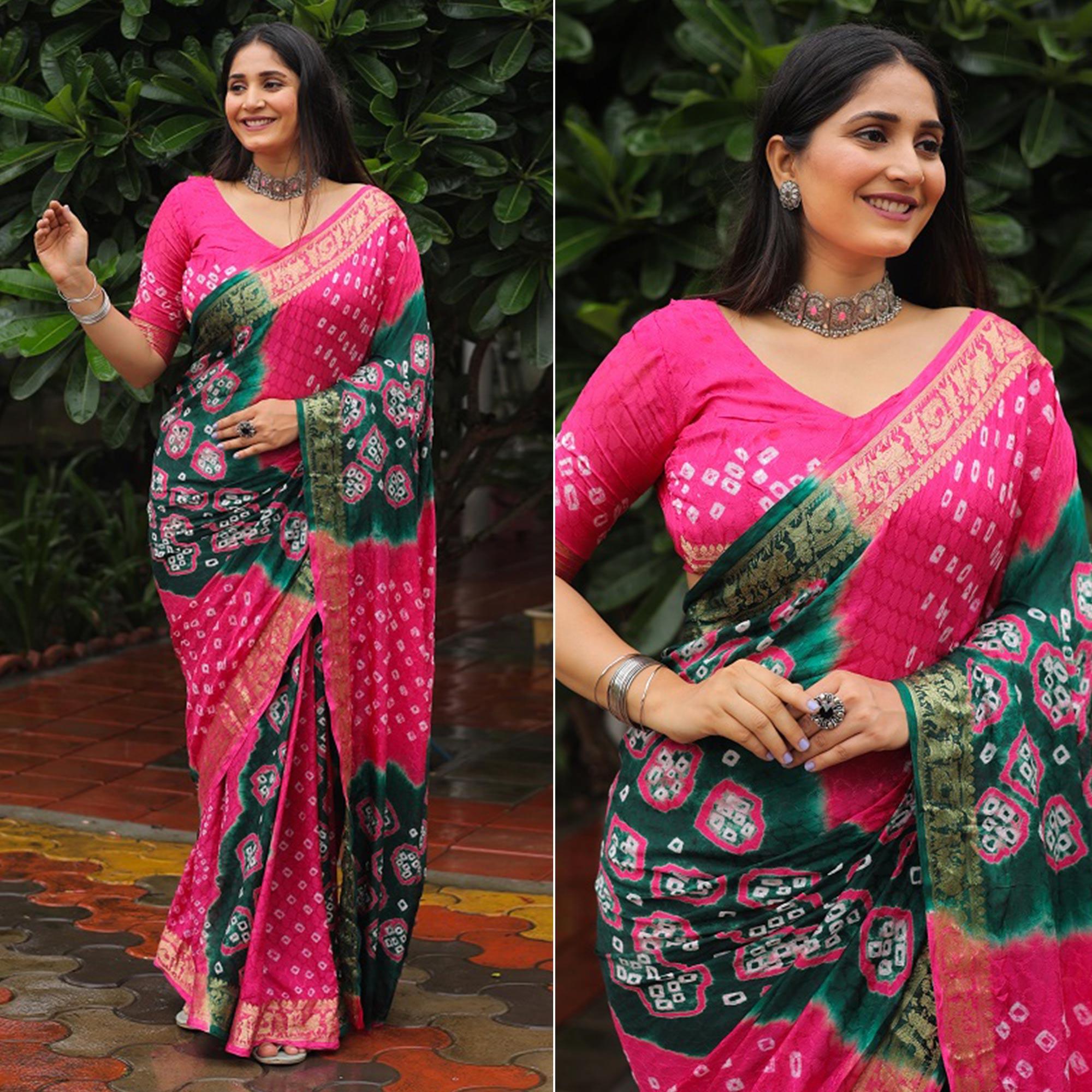 Pink-Green Bandhani Printed With Woven Border Art Silk Saree - Peachmode