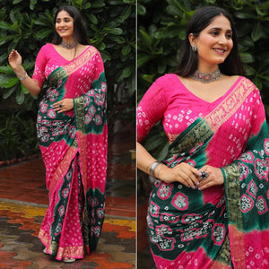 Pink-Green Bandhani Printed With Woven Border Art Silk Saree - Peachmode