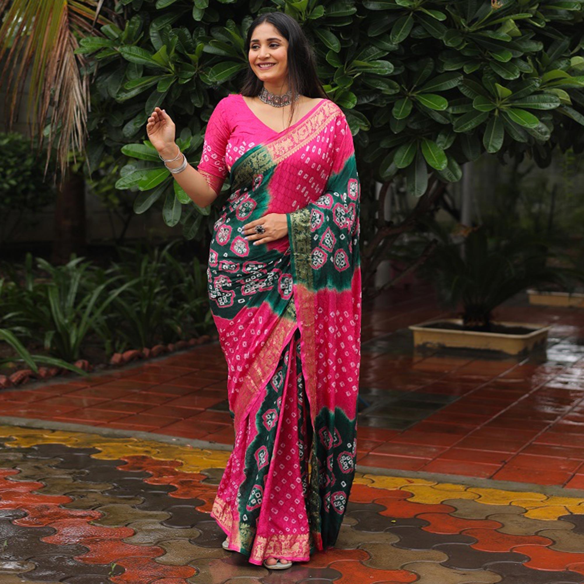 Pink-Green Bandhani Printed With Woven Border Art Silk Saree - Peachmode