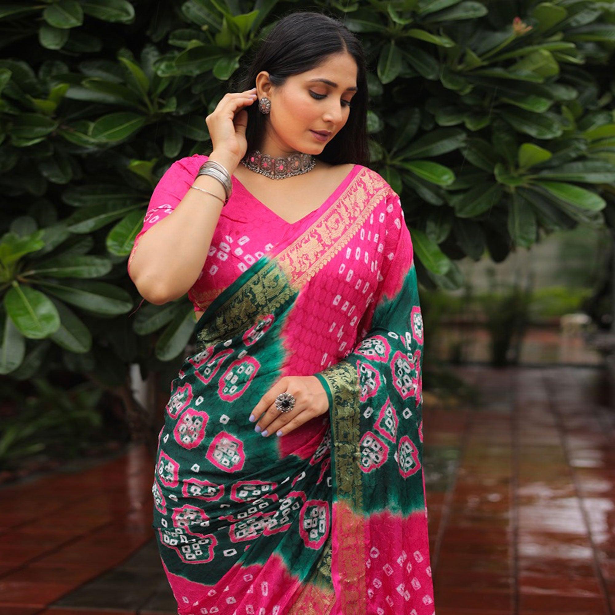 Pink-Green Bandhani Printed With Woven Border Art Silk Saree - Peachmode