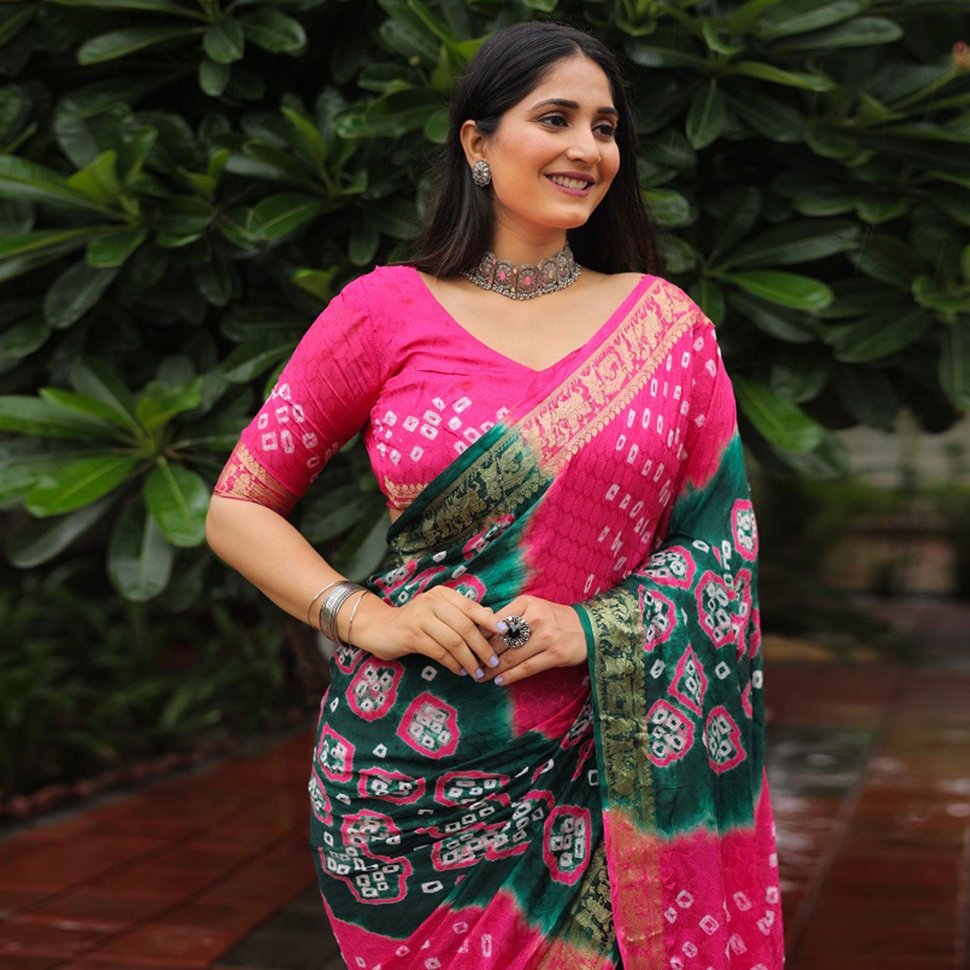 Pink-Green Bandhani Printed With Woven Border Art Silk Saree - Peachmode