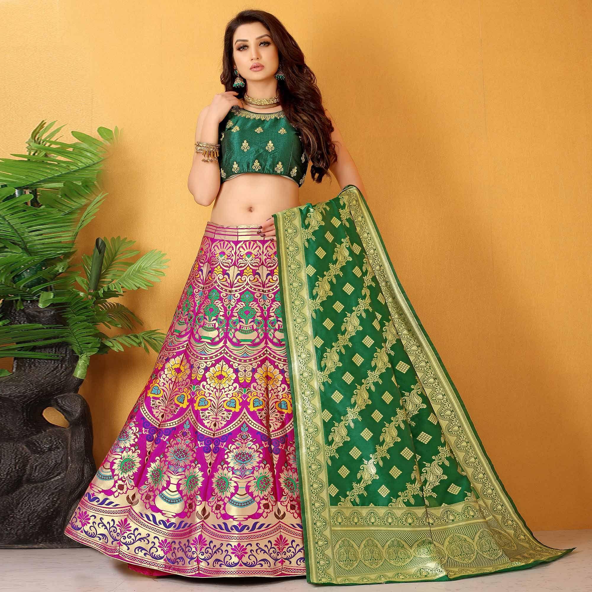 Pink-Green Meenakari Woven Banarasi Silk Lehenga Choli - Peachmode