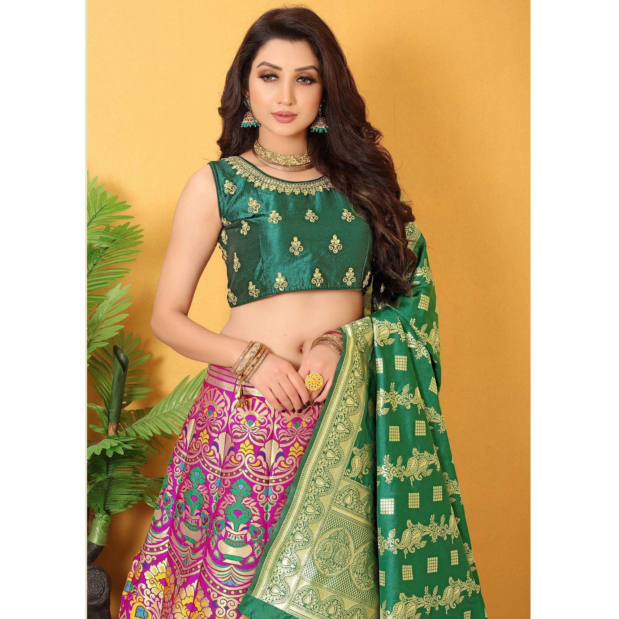 Pink-Green Meenakari Woven Banarasi Silk Lehenga Choli - Peachmode