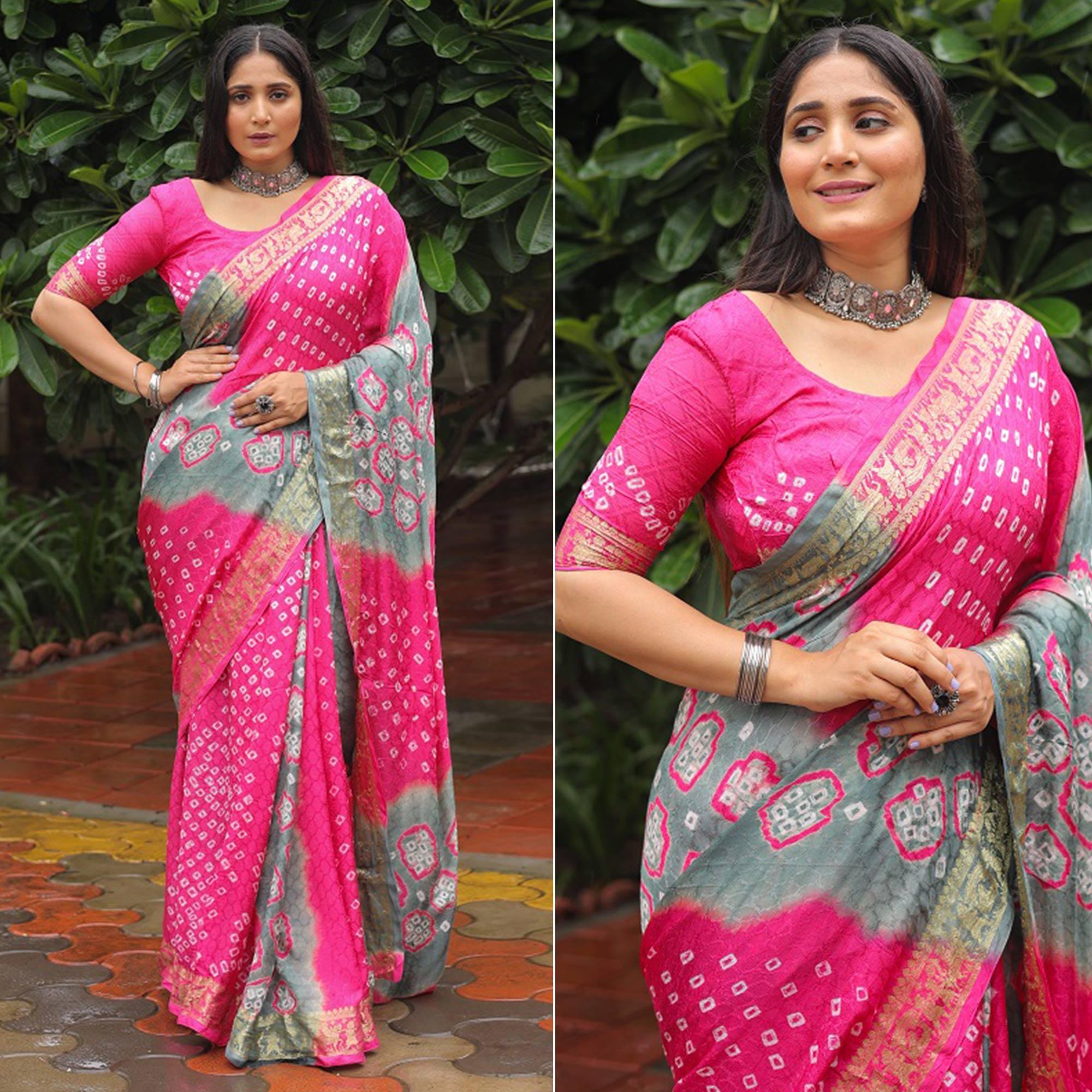 Pink-Grey Bandhani Printed With Woven Border Art Silk Saree - Peachmode