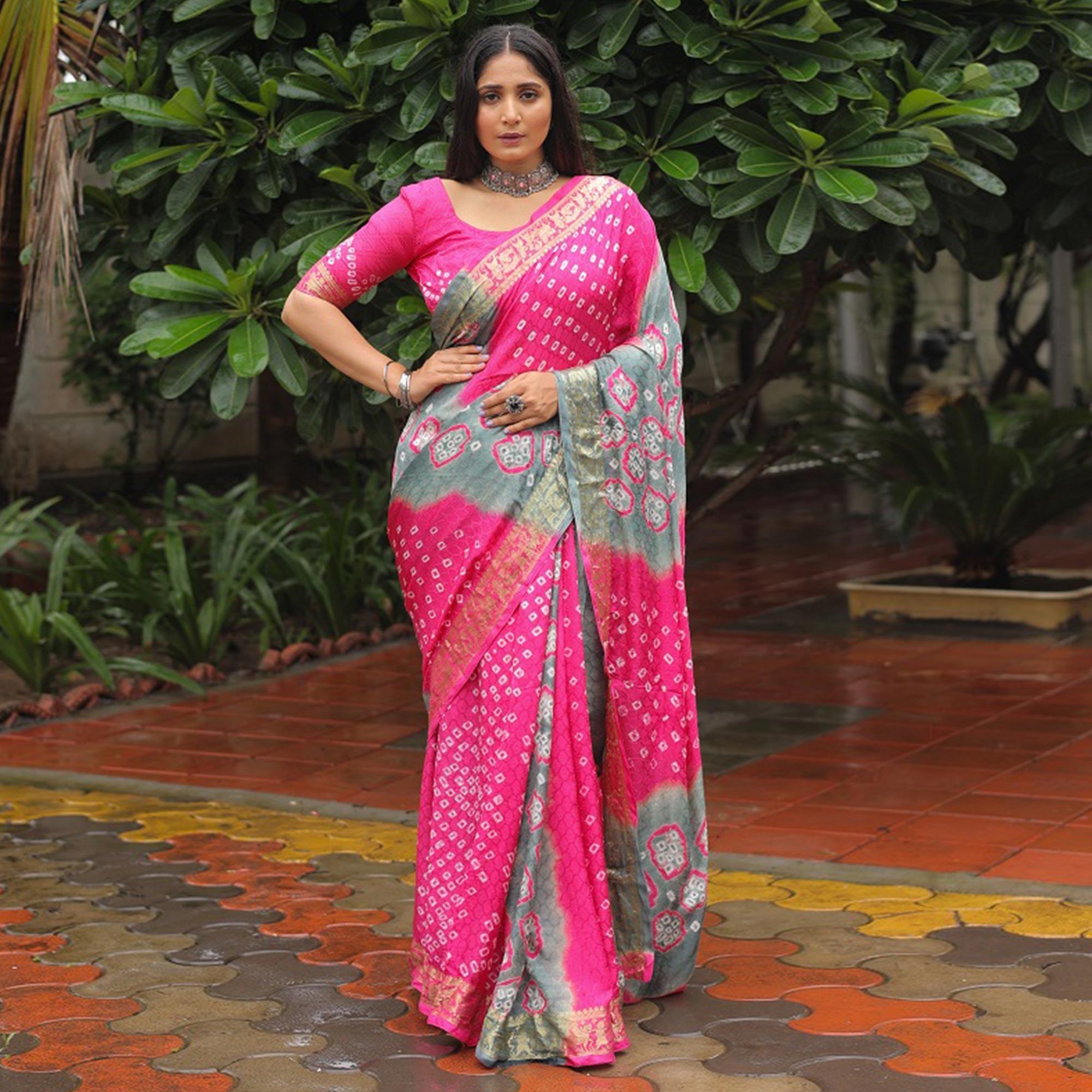 Pink-Grey Bandhani Printed With Woven Border Art Silk Saree - Peachmode