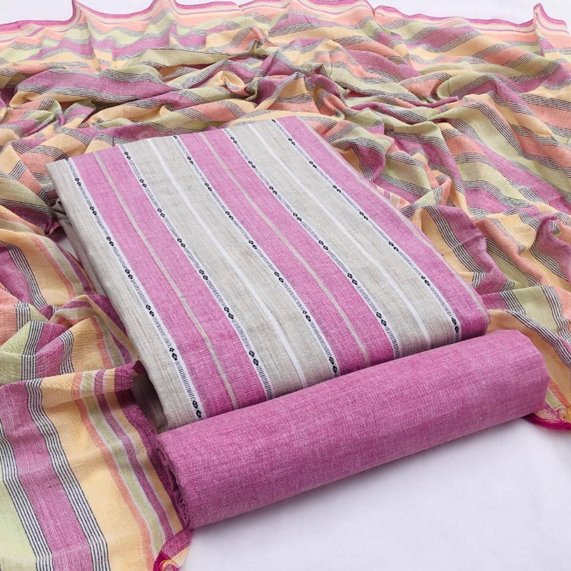 Pink-Grey Embroidered Pure Cotton Dress Material - Peachmode