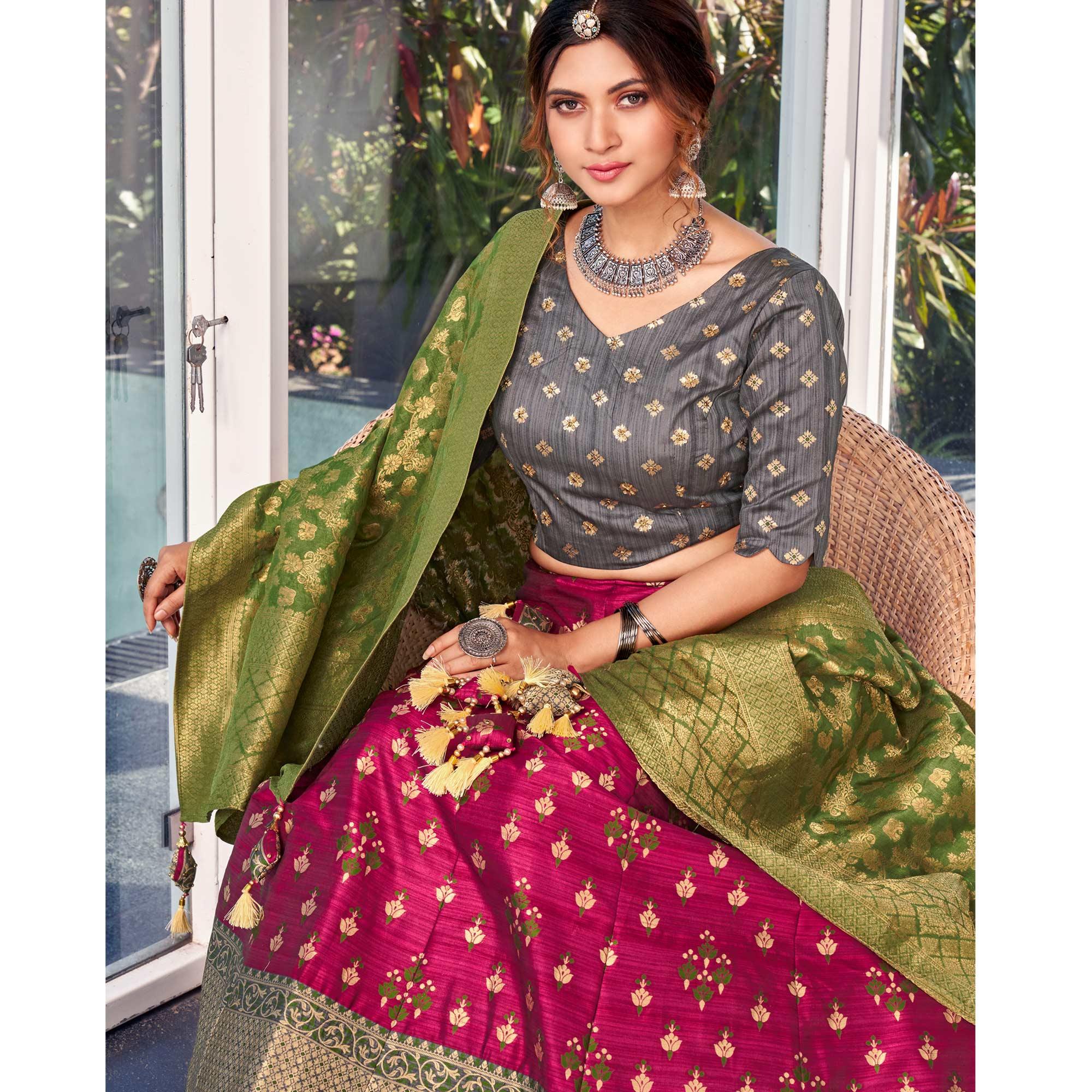 Pink-Grey Festive Wear Embroidery With Woven Silk Lehenga Choli - Peachmode