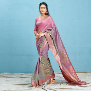 Pink-Grey Woven Art Silk Saree - Peachmode
