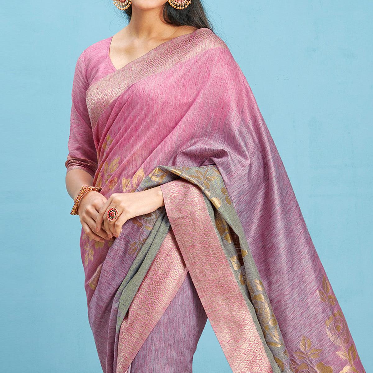 Pink-Grey Woven Art Silk Saree - Peachmode