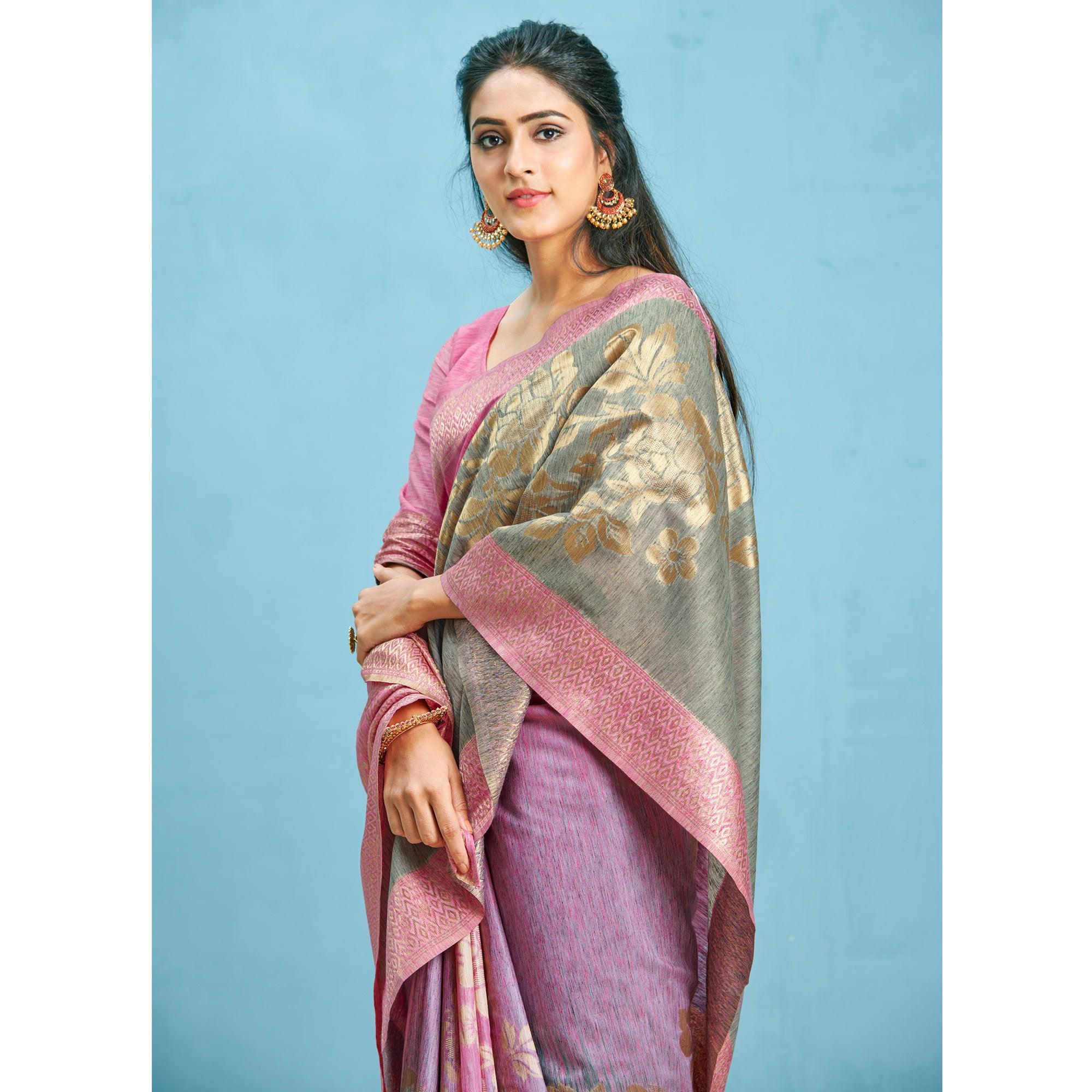 Pink-Grey Woven Art Silk Saree - Peachmode
