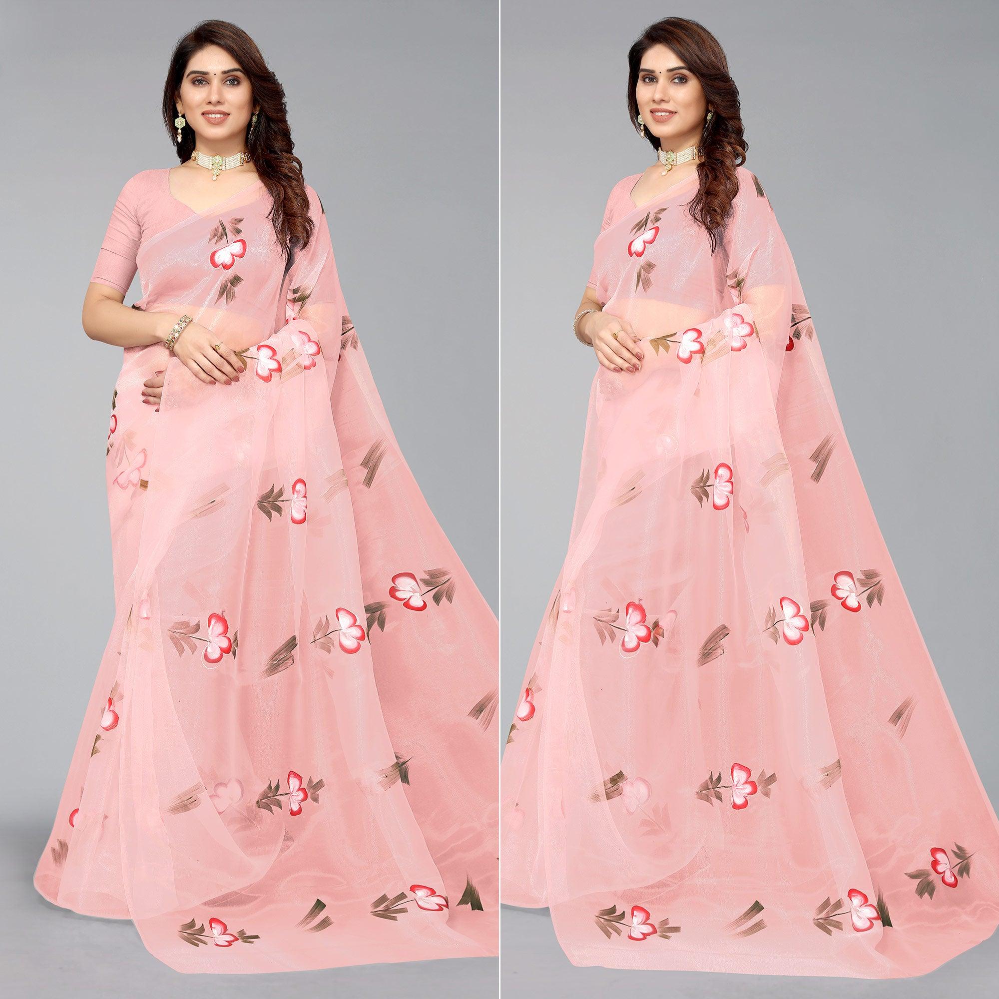 Pink Hand Printed Organza Saree - Peachmode