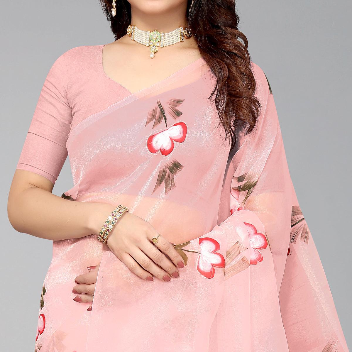 Pink Hand Printed Organza Saree - Peachmode