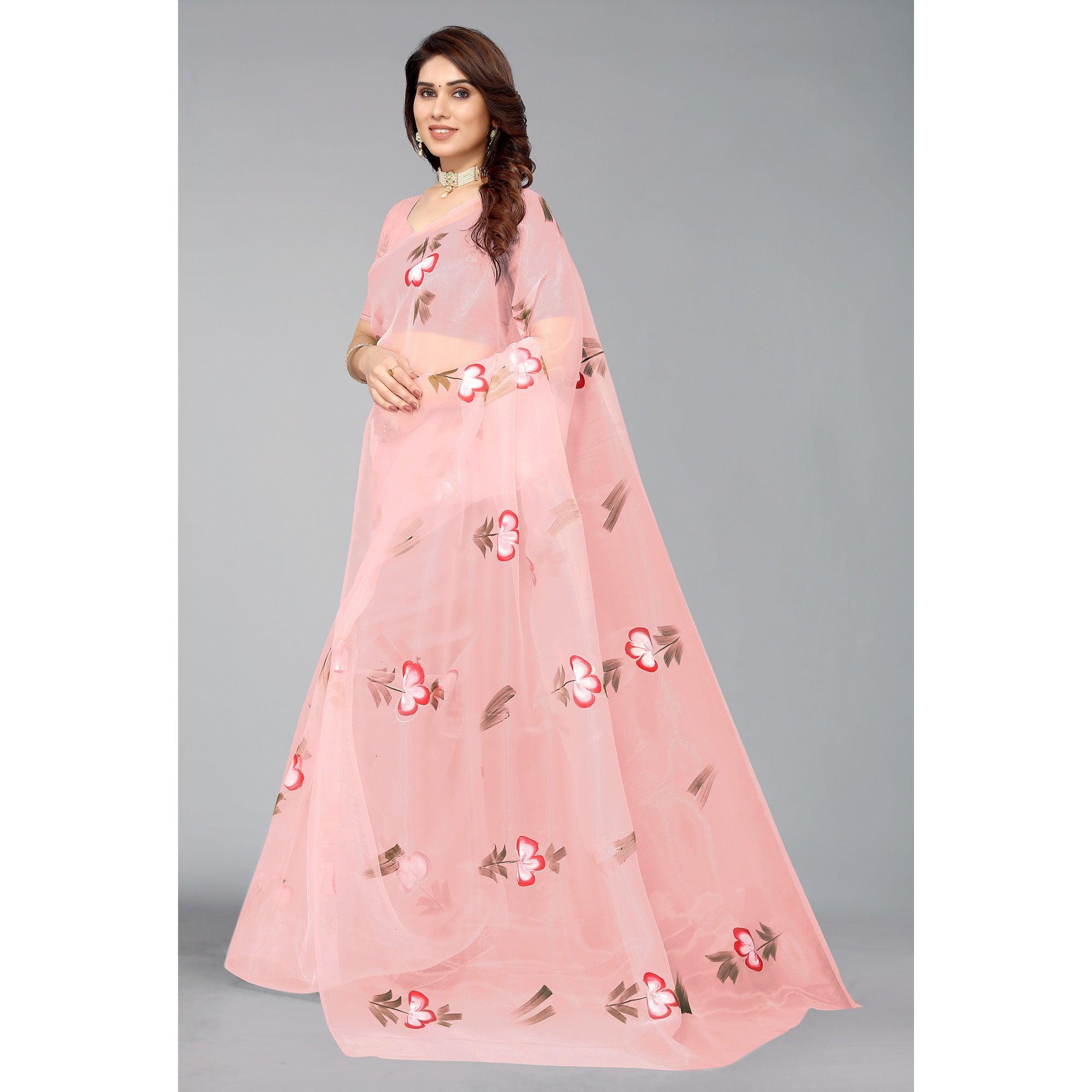 Pink Hand Printed Organza Saree - Peachmode