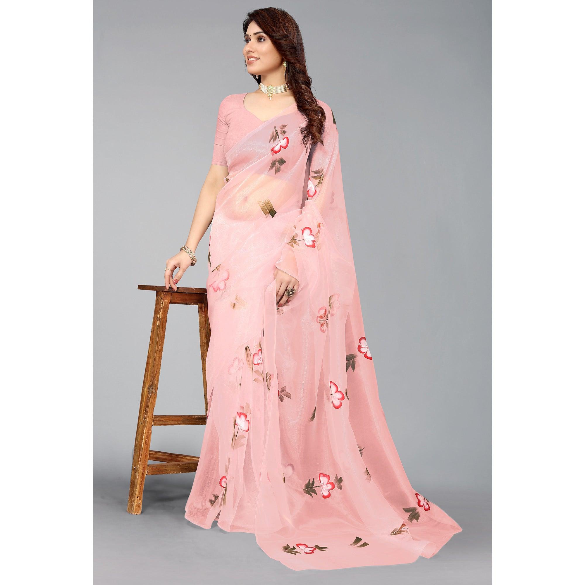 Pink Hand Printed Organza Saree - Peachmode