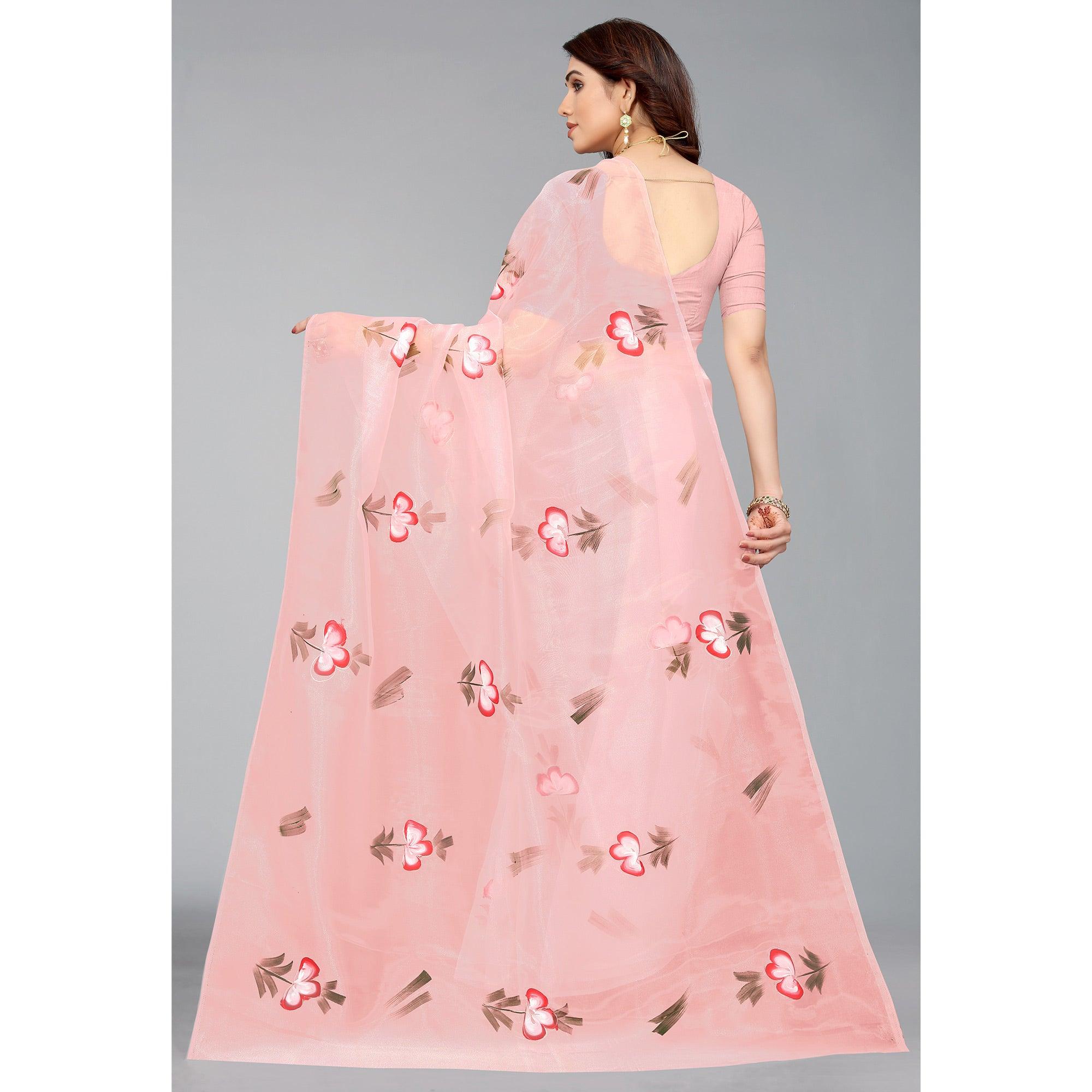 Pink Hand Printed Organza Saree - Peachmode