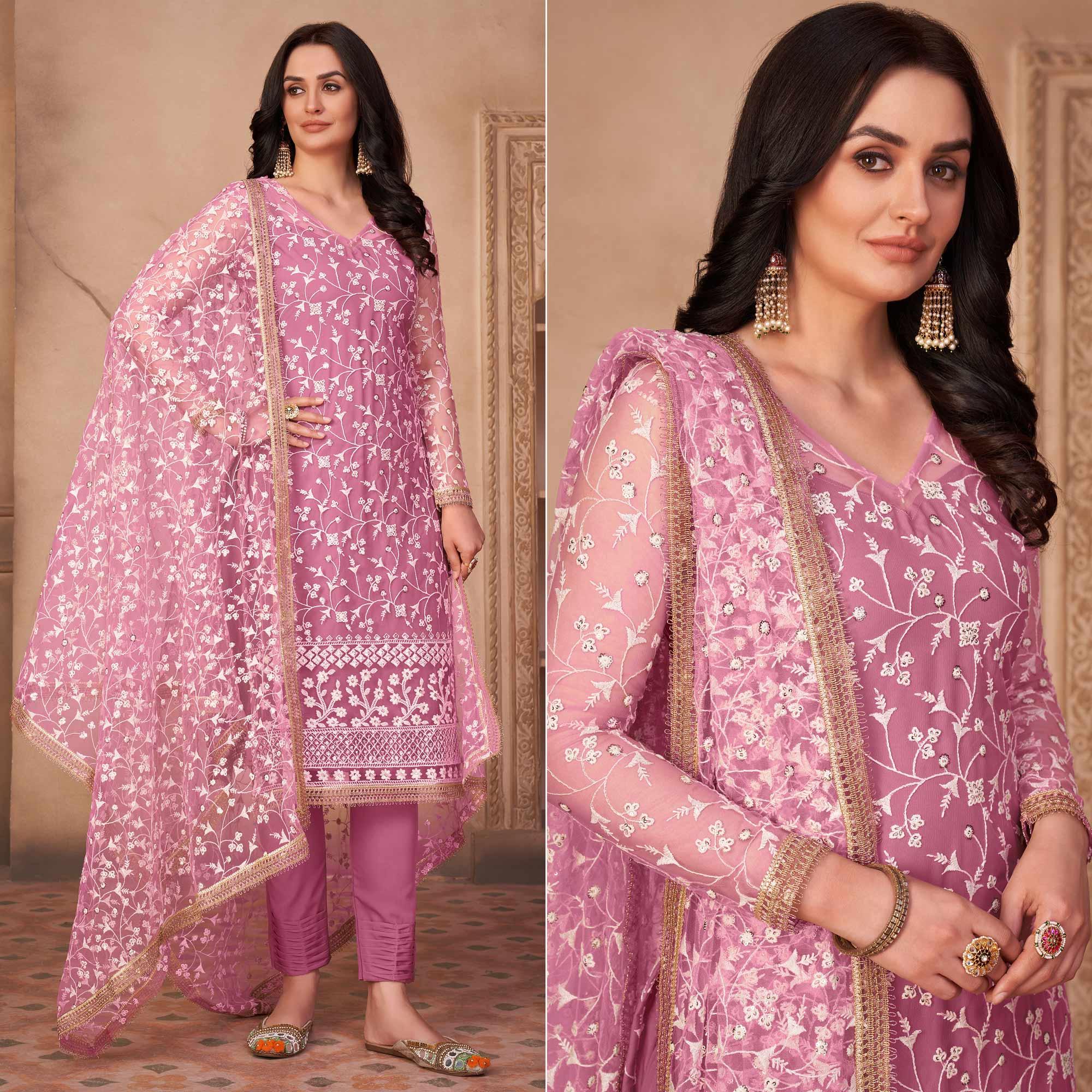 Pink Heavy Sequence Embroidered Net Partywear Suit - Peachmode