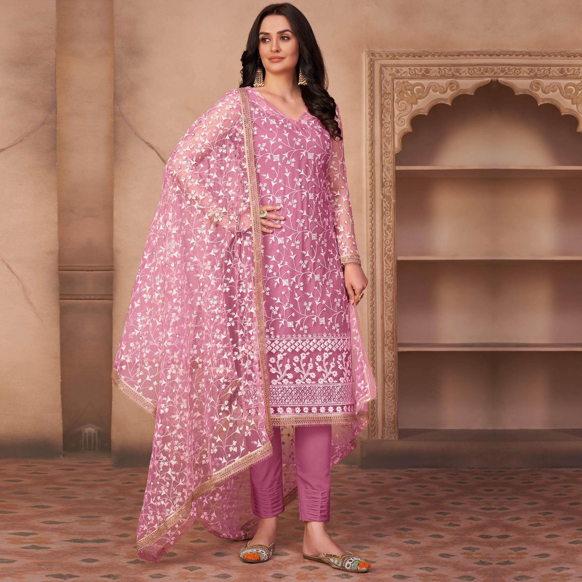 Pink Heavy Sequence Embroidered Net Partywear Suit - Peachmode