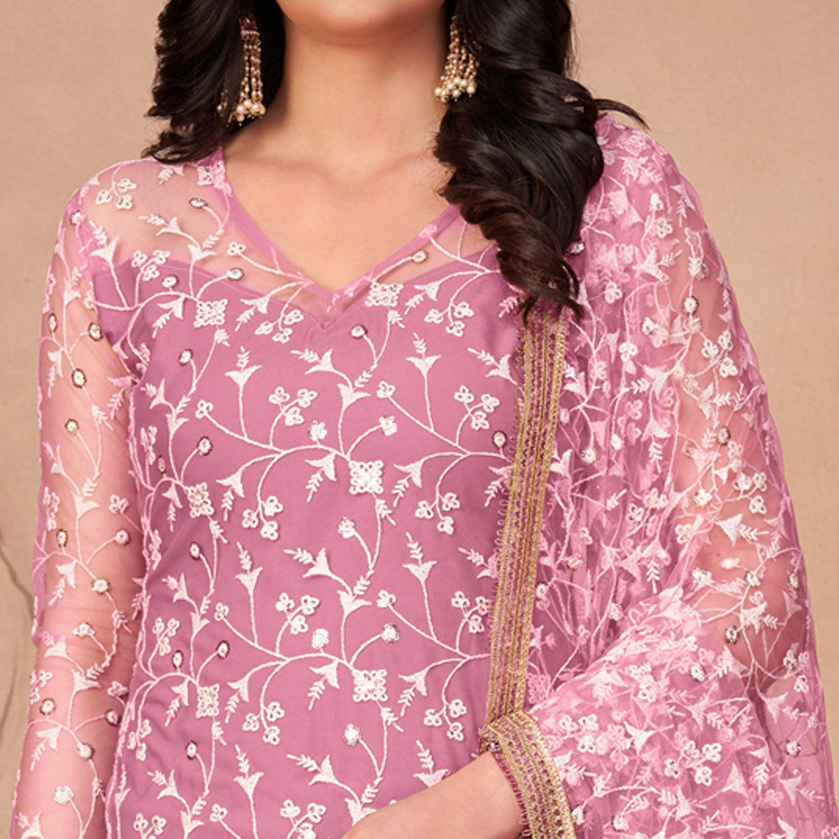 Pink Heavy Sequence Embroidered Net Partywear Suit - Peachmode