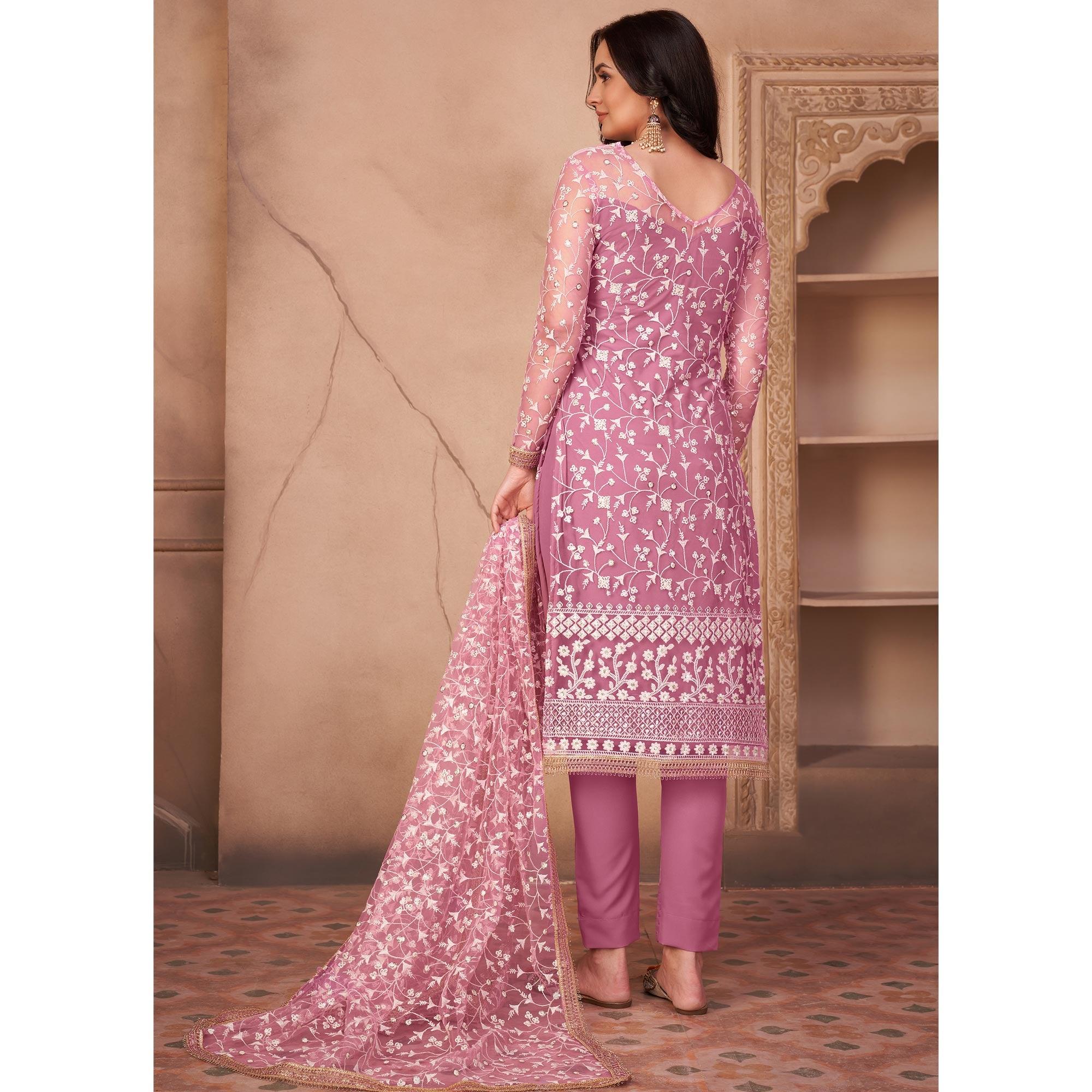 Pink Heavy Sequence Embroidered Net Partywear Suit - Peachmode