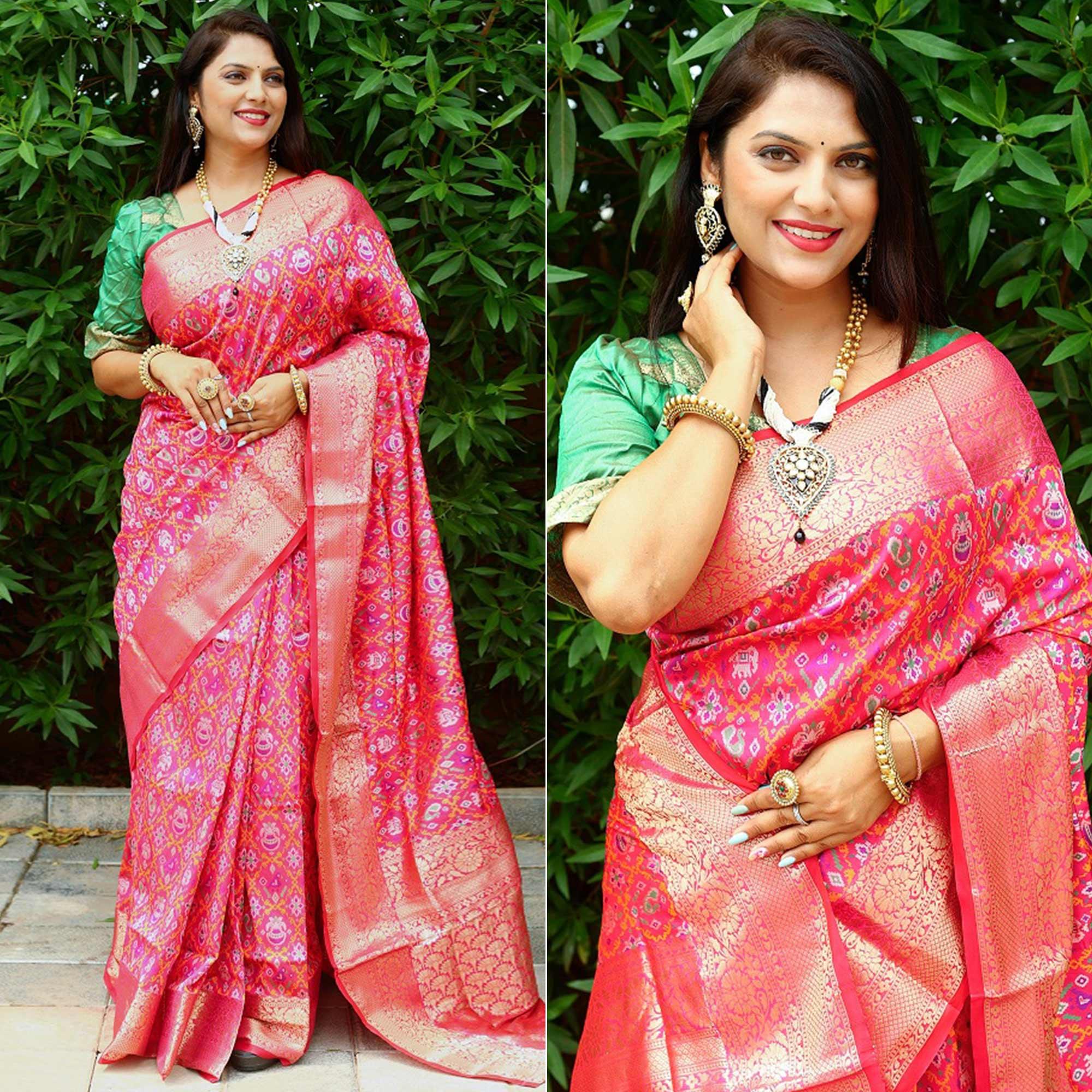 Pink Ikkat Printed Art Silk Saree - Peachmode