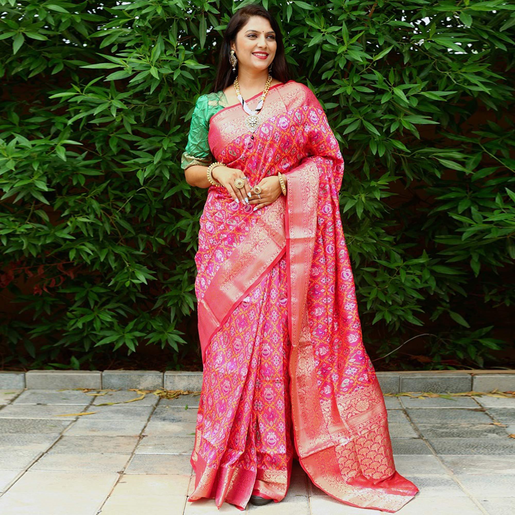 Pink Ikkat Printed Art Silk Saree - Peachmode