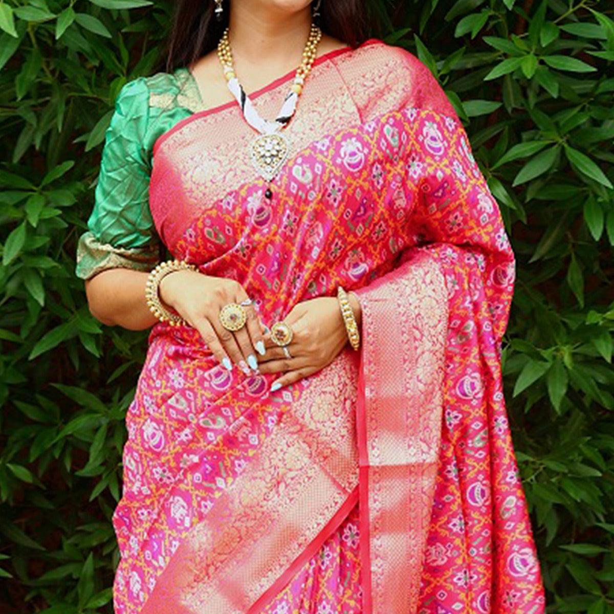 Pink Ikkat Printed Art Silk Saree - Peachmode