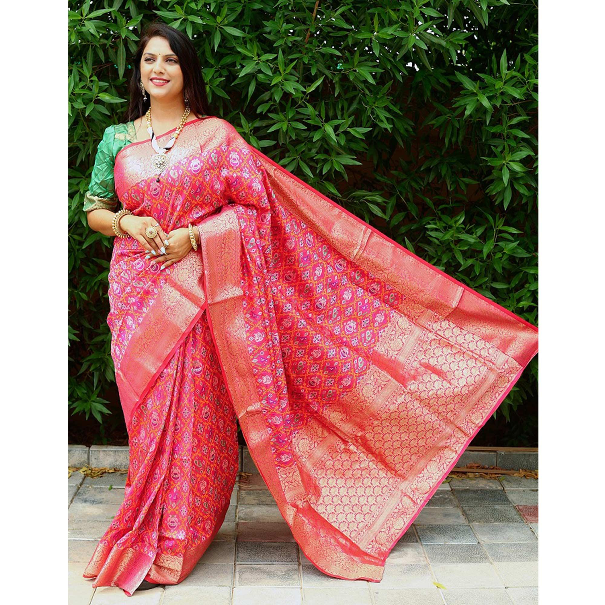 Pink Ikkat Printed Art Silk Saree - Peachmode