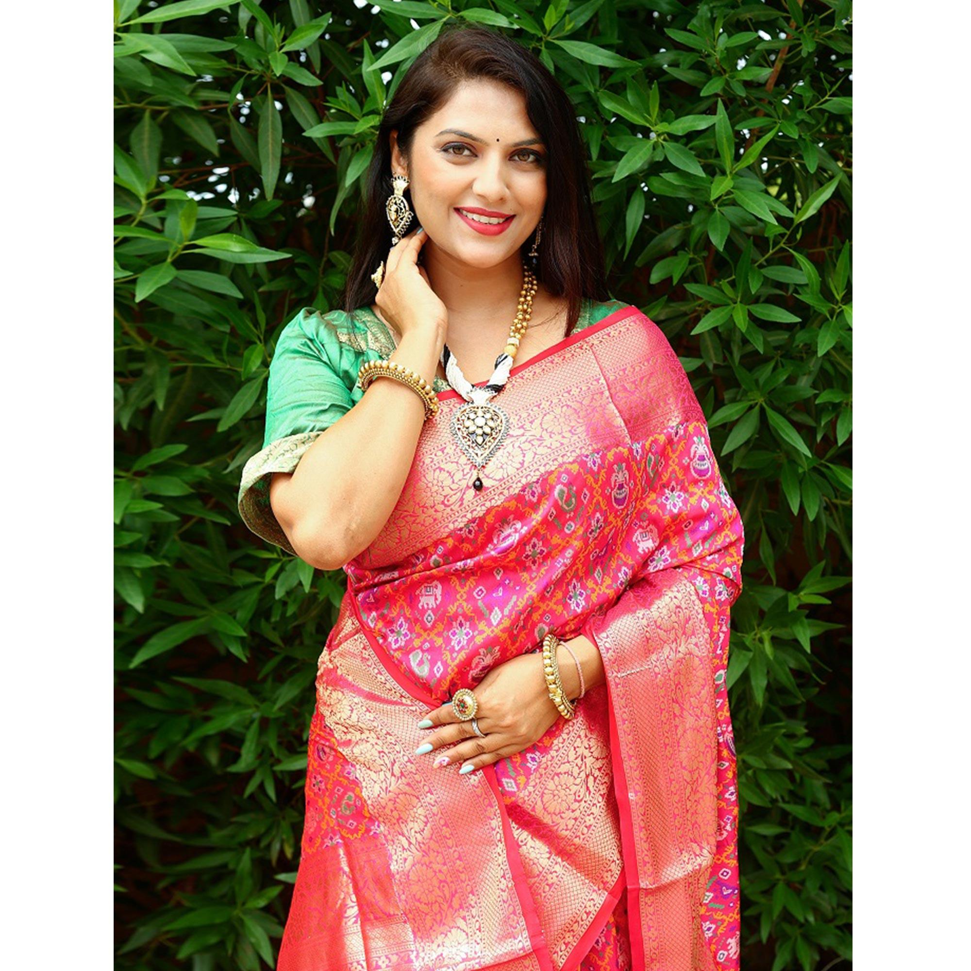 Pink Ikkat Printed Art Silk Saree - Peachmode