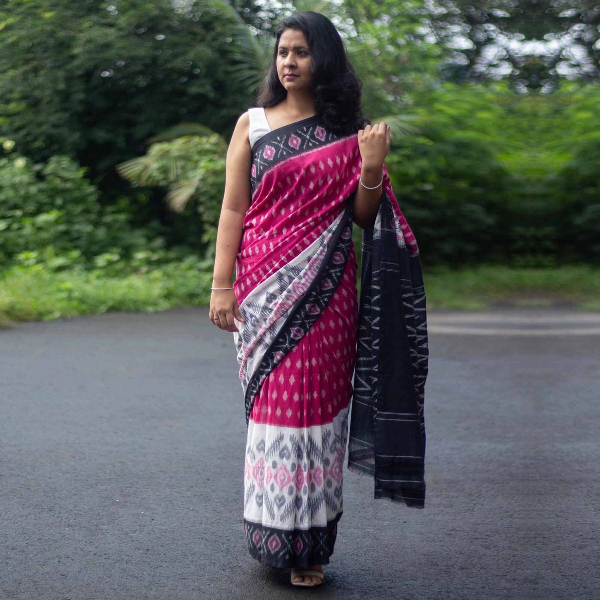 Pink Ikkat Printed Linen Saree - Peachmode