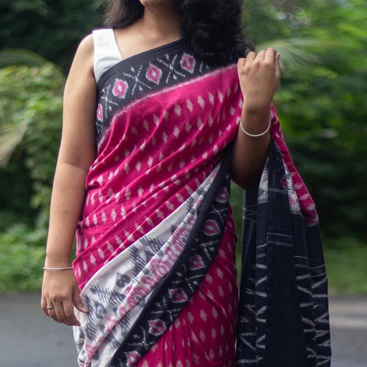 Pink Ikkat Printed Linen Saree - Peachmode