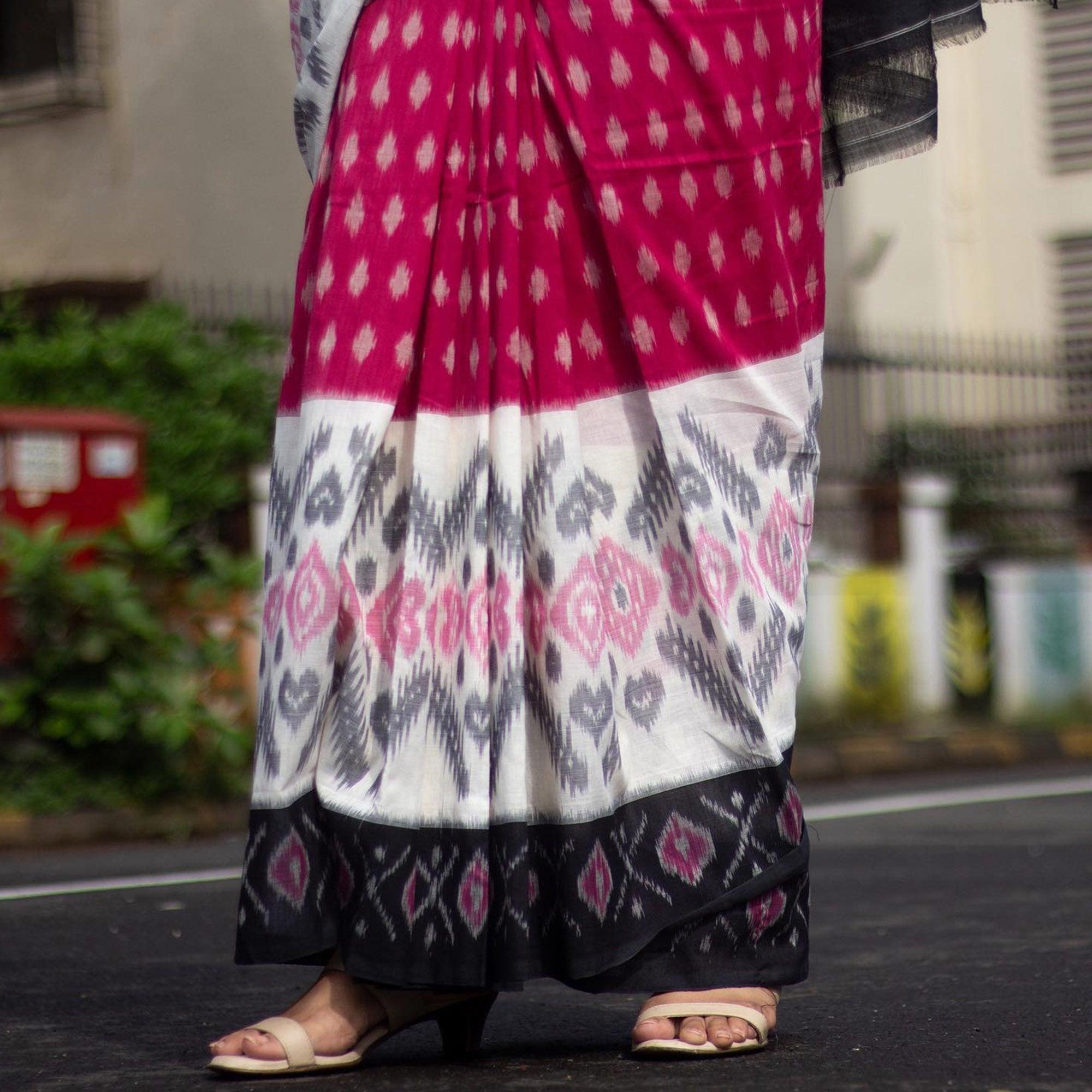 Pink Ikkat Printed Linen Saree - Peachmode